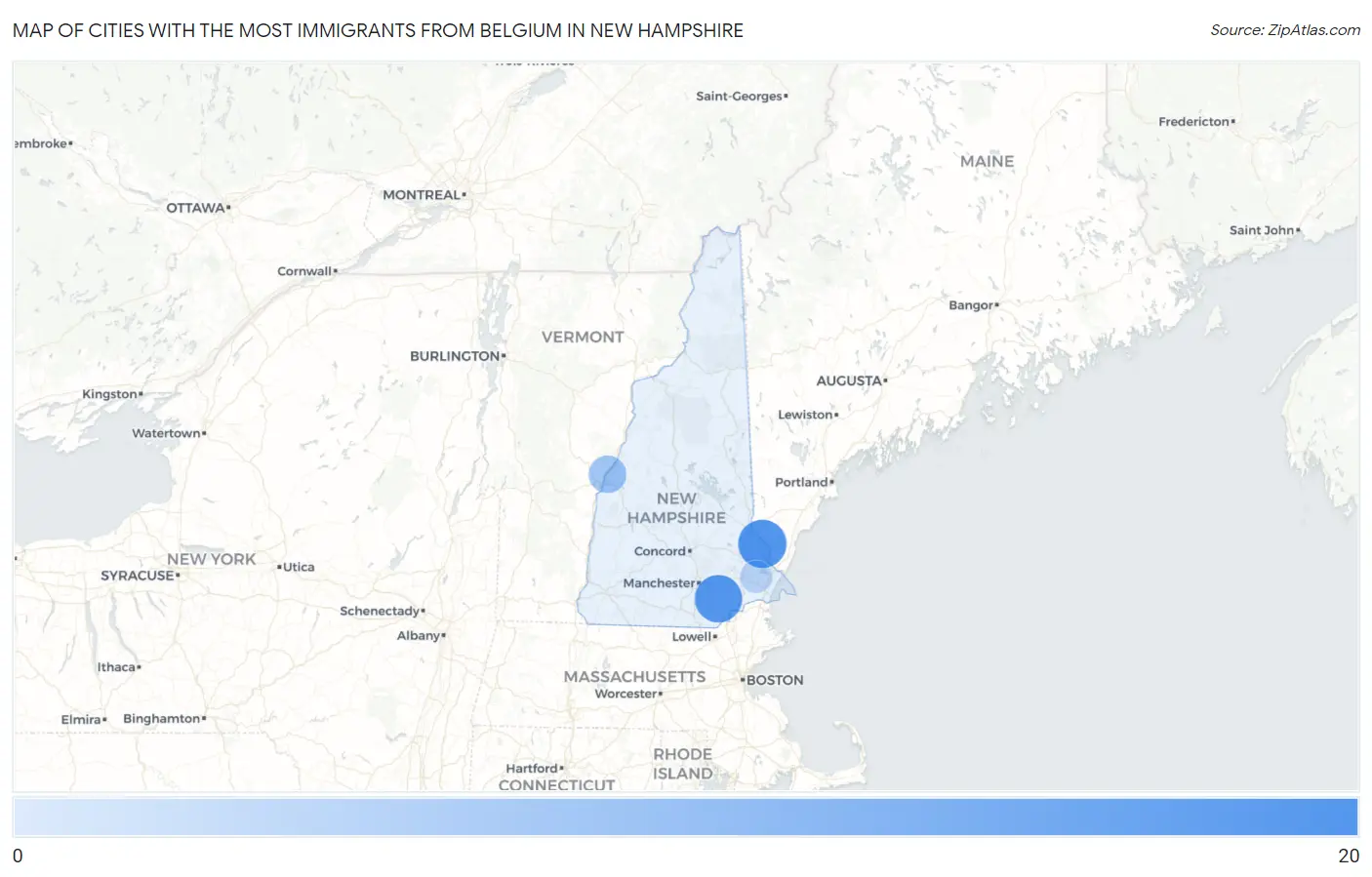 Cities with the Most Immigrants from Belgium in New Hampshire Map