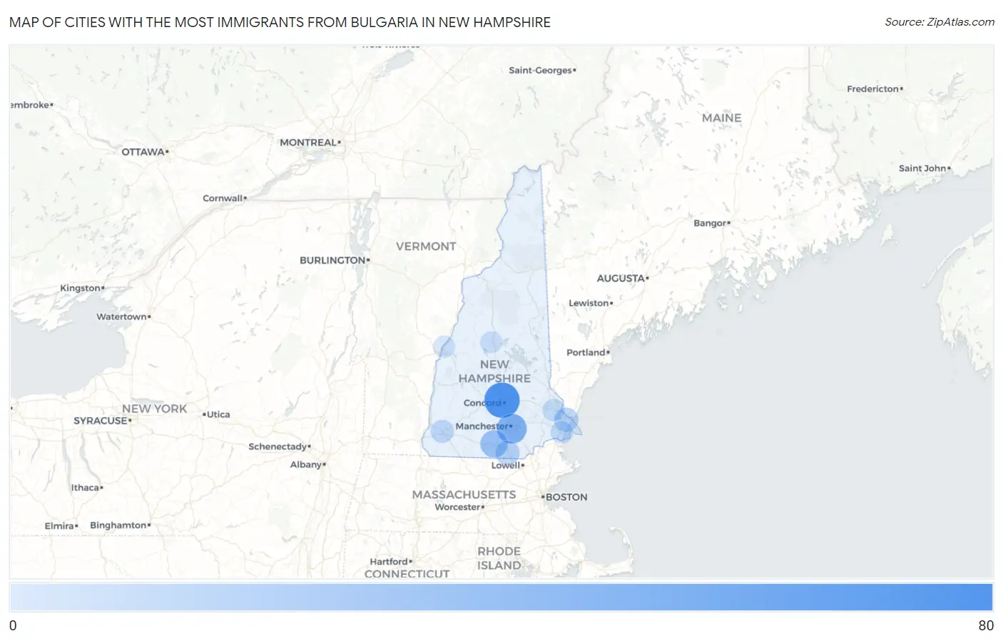 Cities with the Most Immigrants from Bulgaria in New Hampshire Map