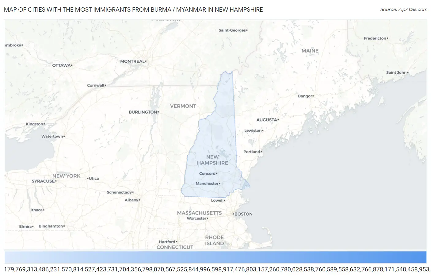 Cities with the Most Immigrants from Burma / Myanmar in New Hampshire Map
