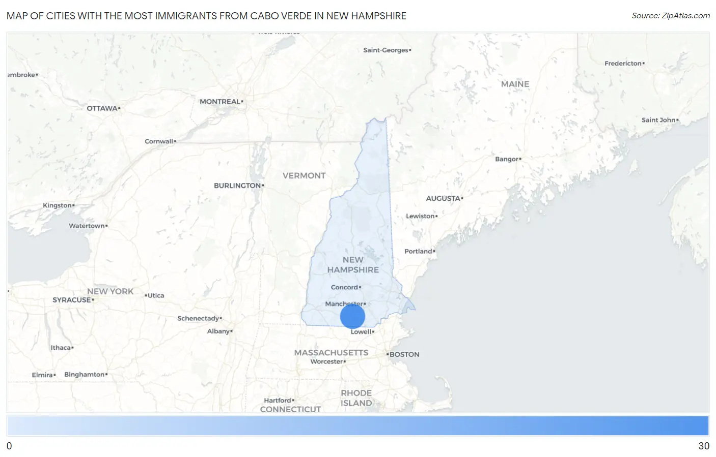 Cities with the Most Immigrants from Cabo Verde in New Hampshire Map