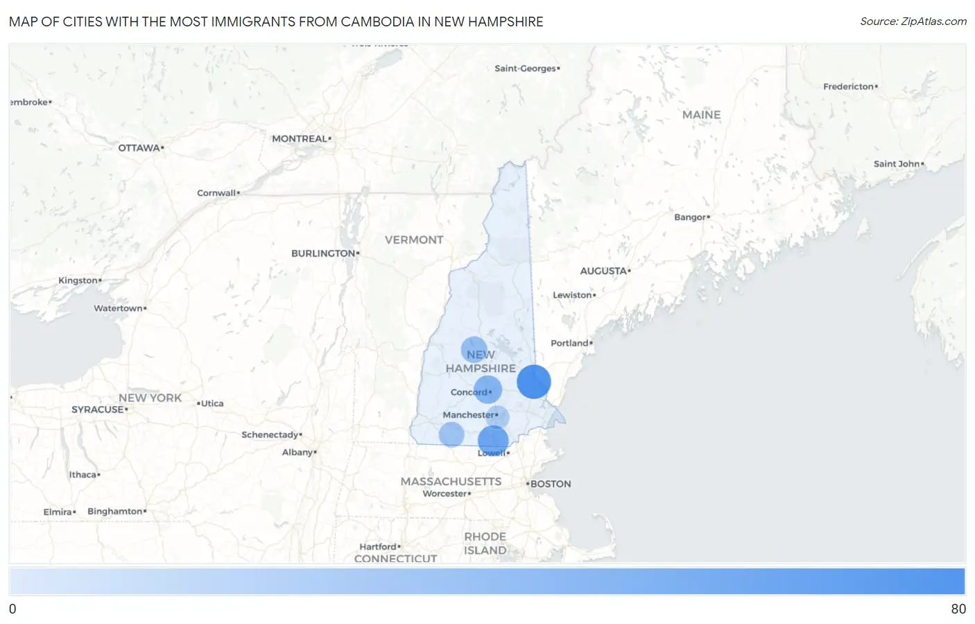 Cities with the Most Immigrants from Cambodia in New Hampshire Map