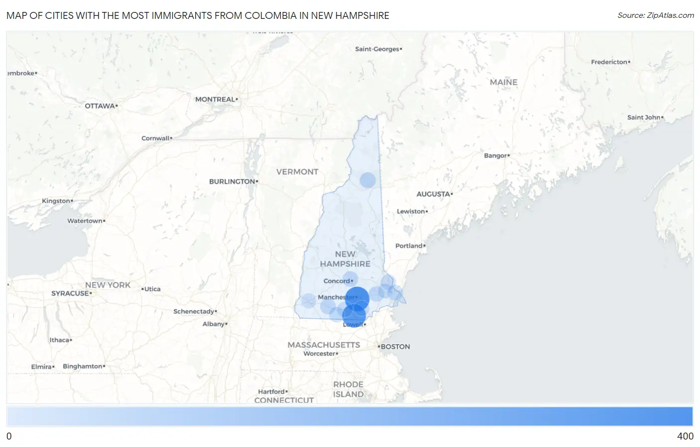 Cities with the Most Immigrants from Colombia in New Hampshire Map