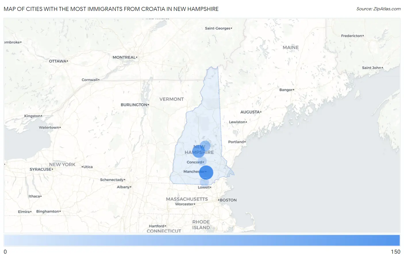 Cities with the Most Immigrants from Croatia in New Hampshire Map