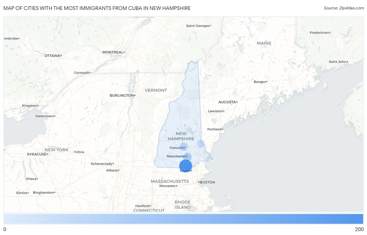 Cities with the Most Immigrants from Cuba in New Hampshire Map