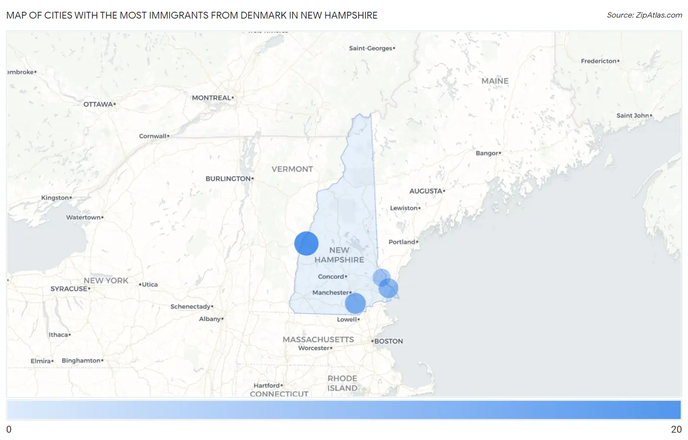 Cities with the Most Immigrants from Denmark in New Hampshire Map