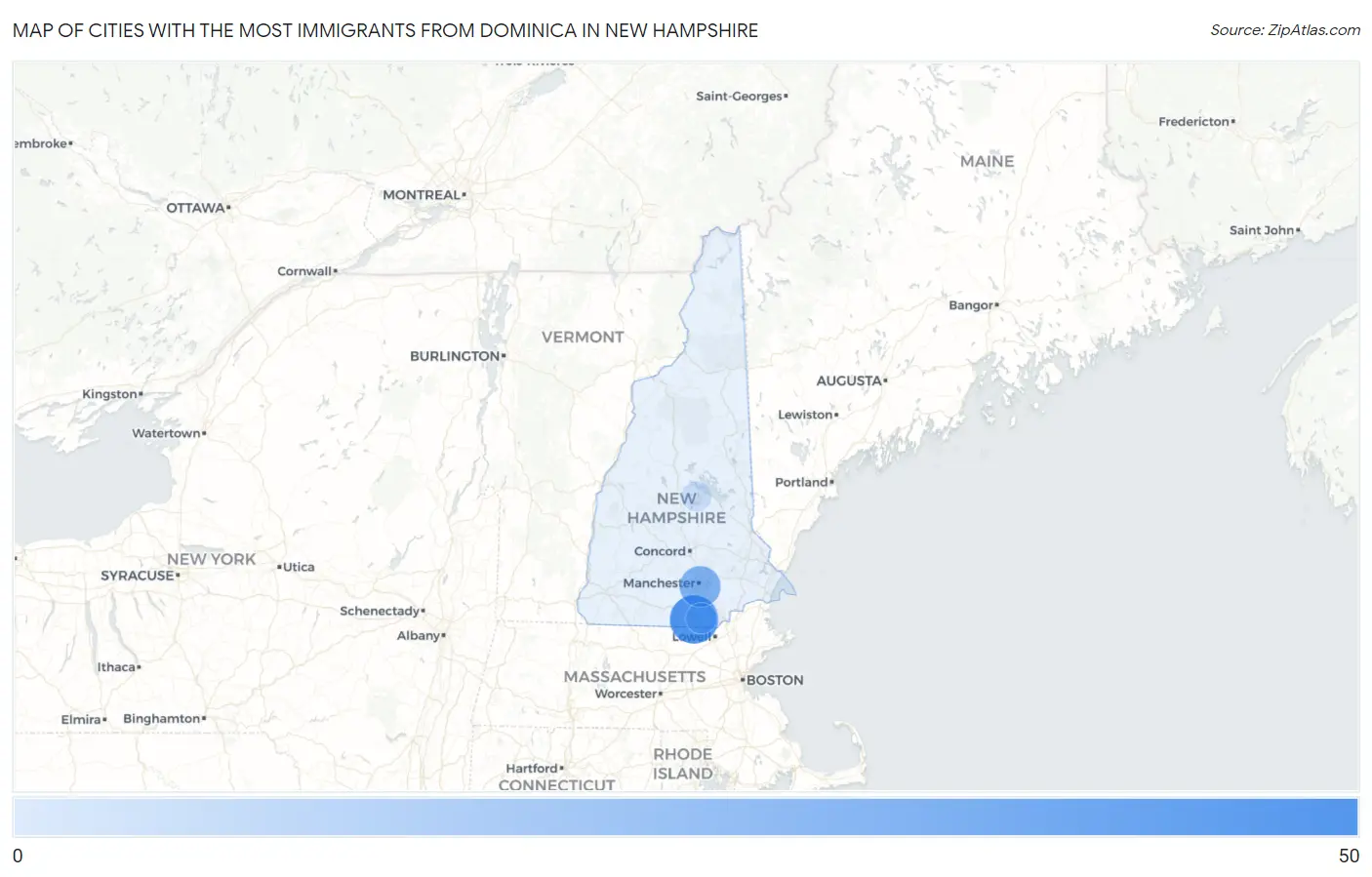 Cities with the Most Immigrants from Dominica in New Hampshire Map