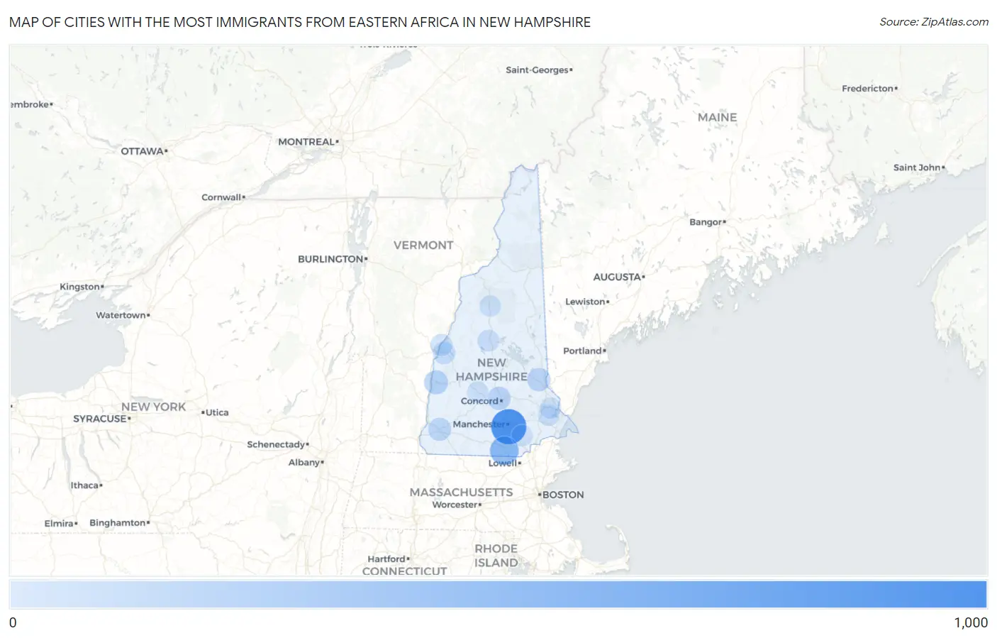 Cities with the Most Immigrants from Eastern Africa in New Hampshire Map