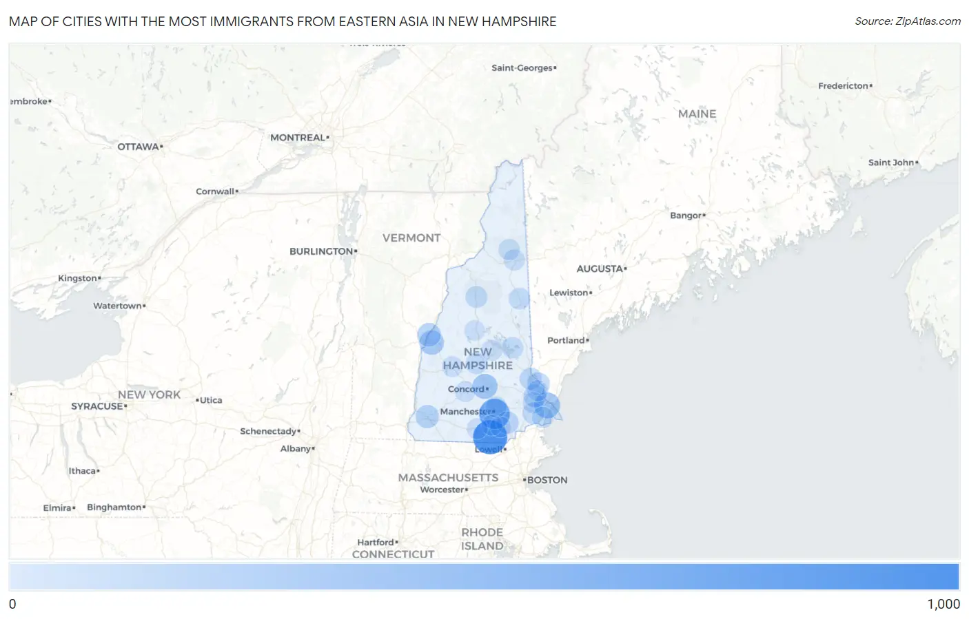 Cities with the Most Immigrants from Eastern Asia in New Hampshire Map