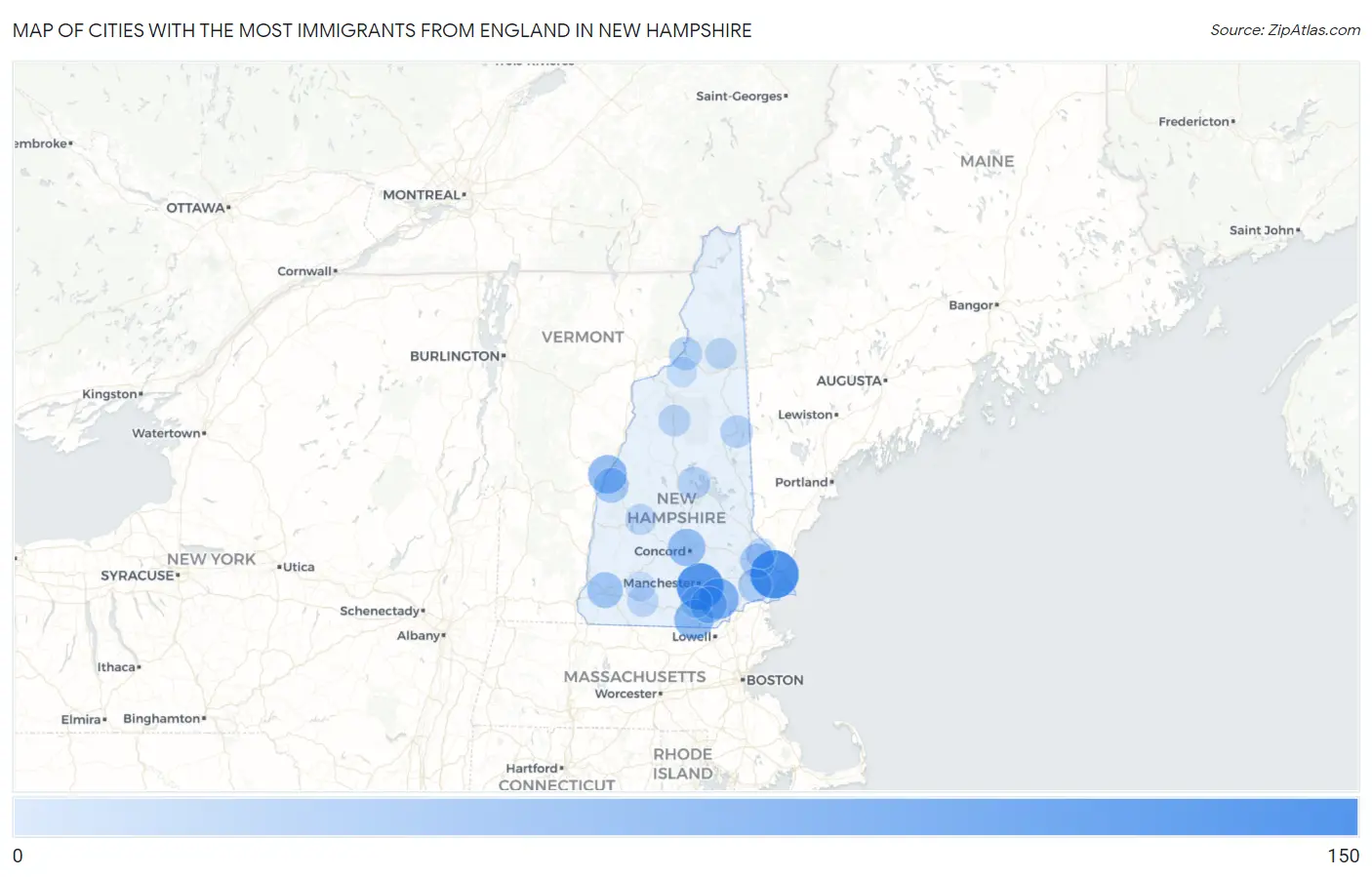 Cities with the Most Immigrants from England in New Hampshire Map