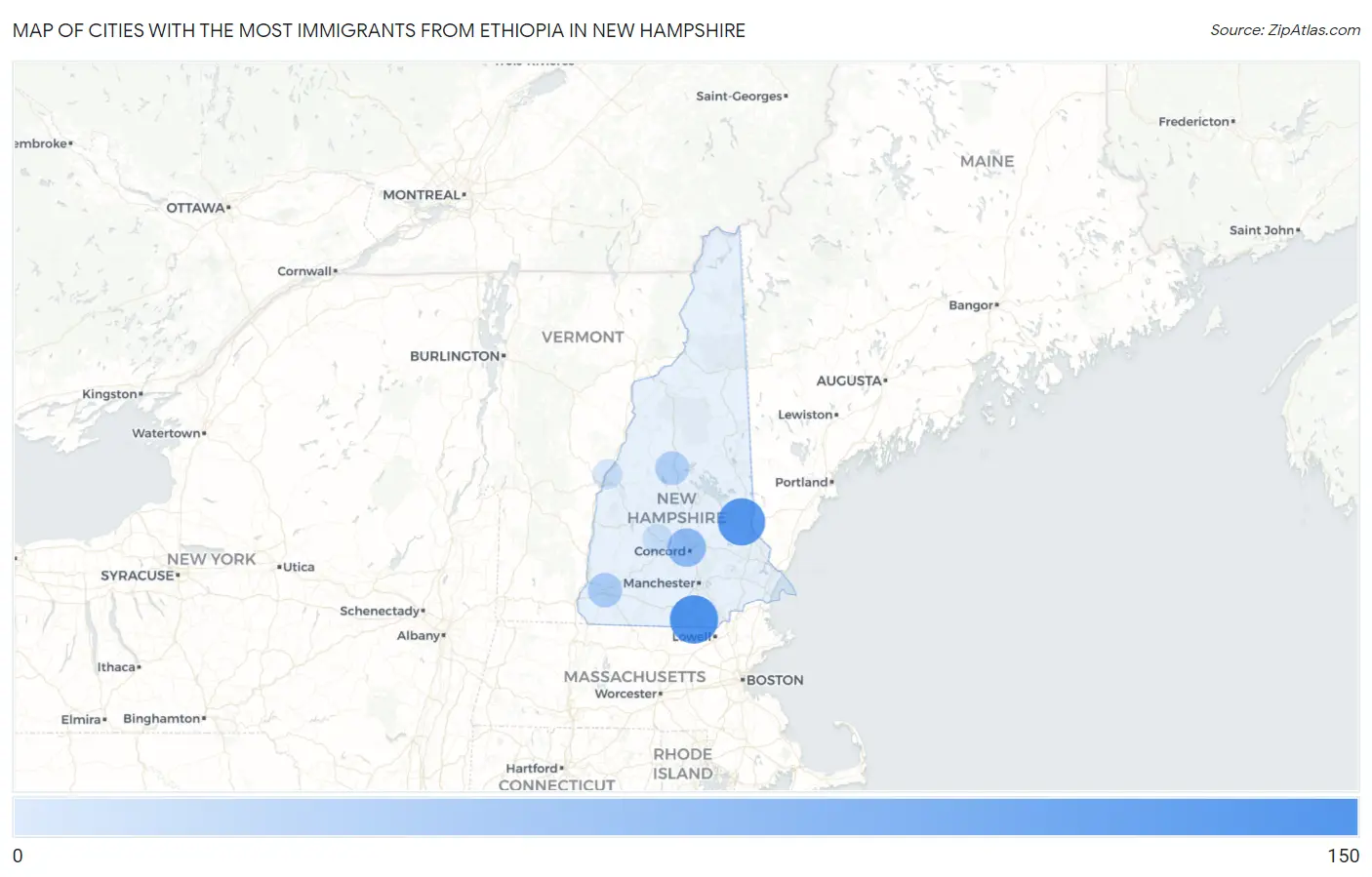 Cities with the Most Immigrants from Ethiopia in New Hampshire Map