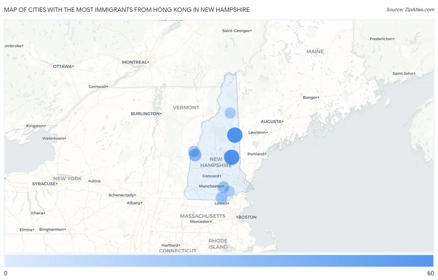 Cities with the Most Immigrants from Hong Kong in New Hampshire Map