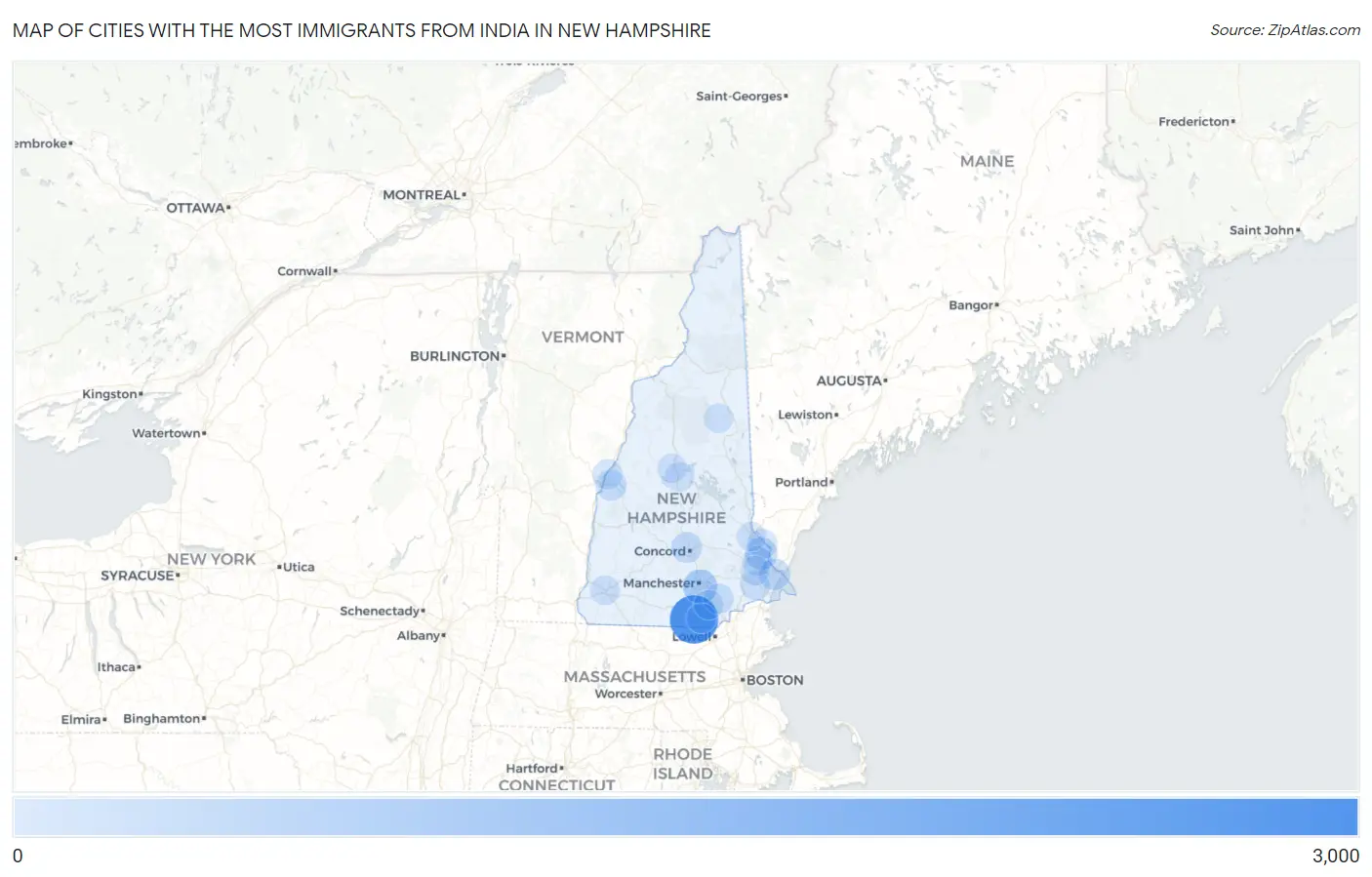 Cities with the Most Immigrants from India in New Hampshire Map