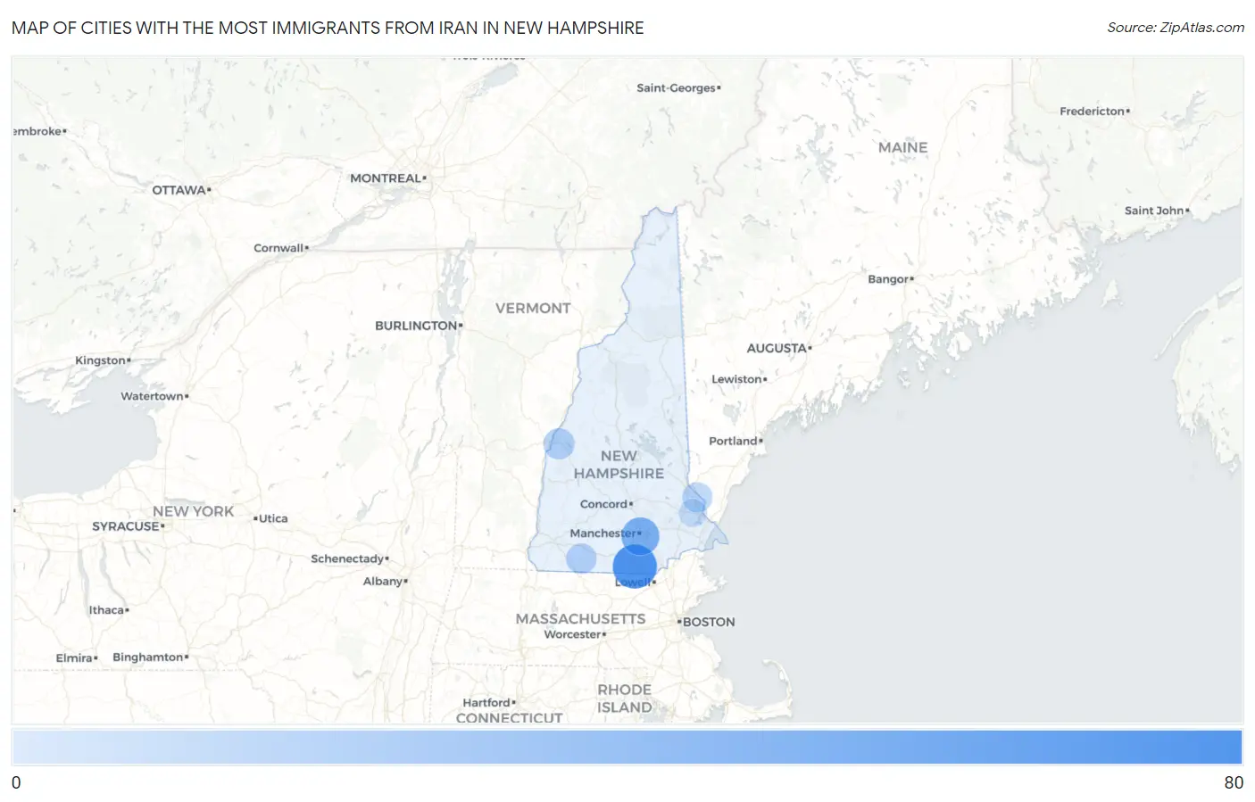 Cities with the Most Immigrants from Iran in New Hampshire Map