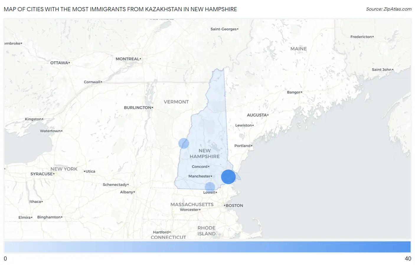 Cities with the Most Immigrants from Kazakhstan in New Hampshire Map