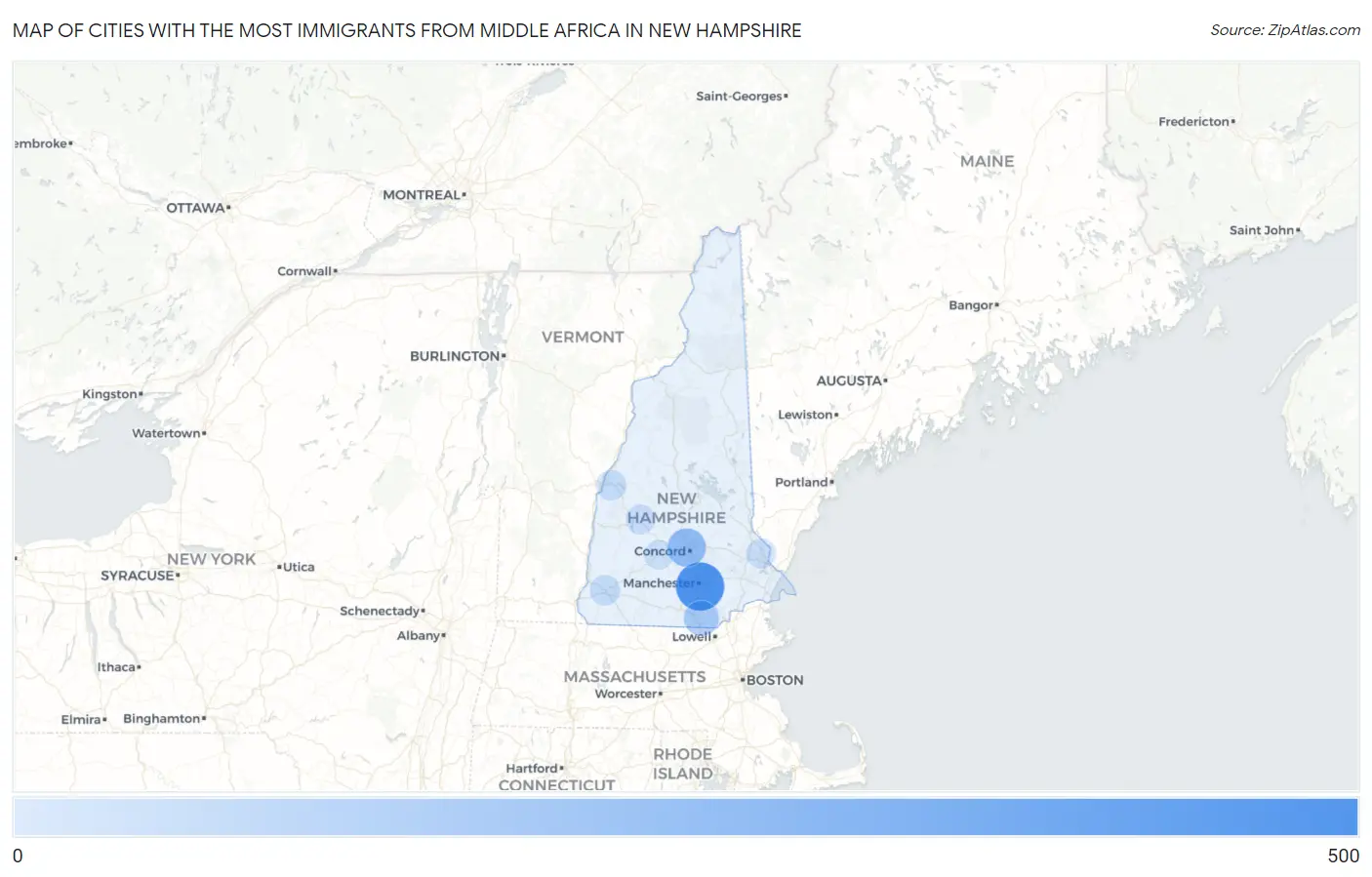 Cities with the Most Immigrants from Middle Africa in New Hampshire Map