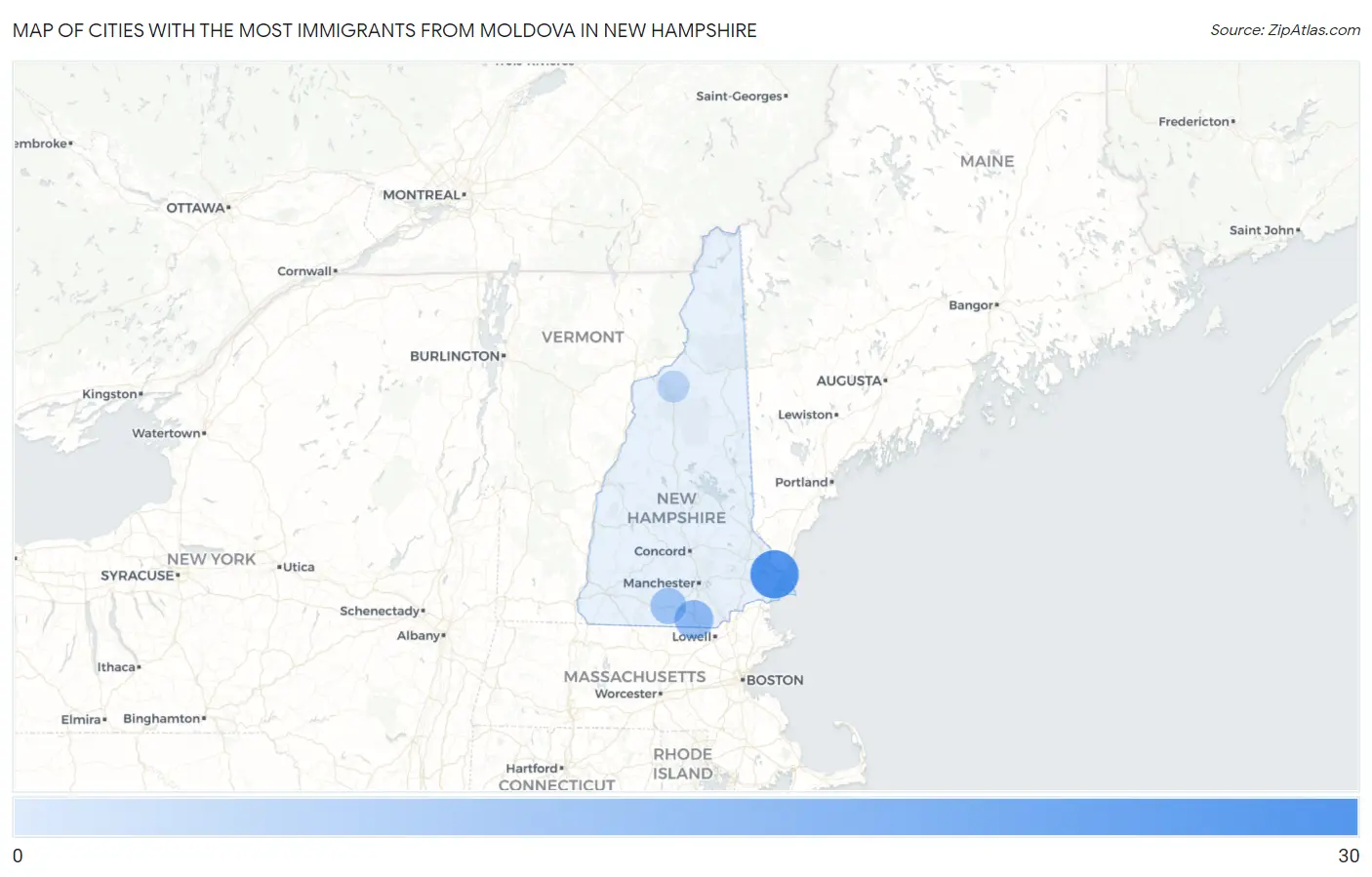 Cities with the Most Immigrants from Moldova in New Hampshire Map
