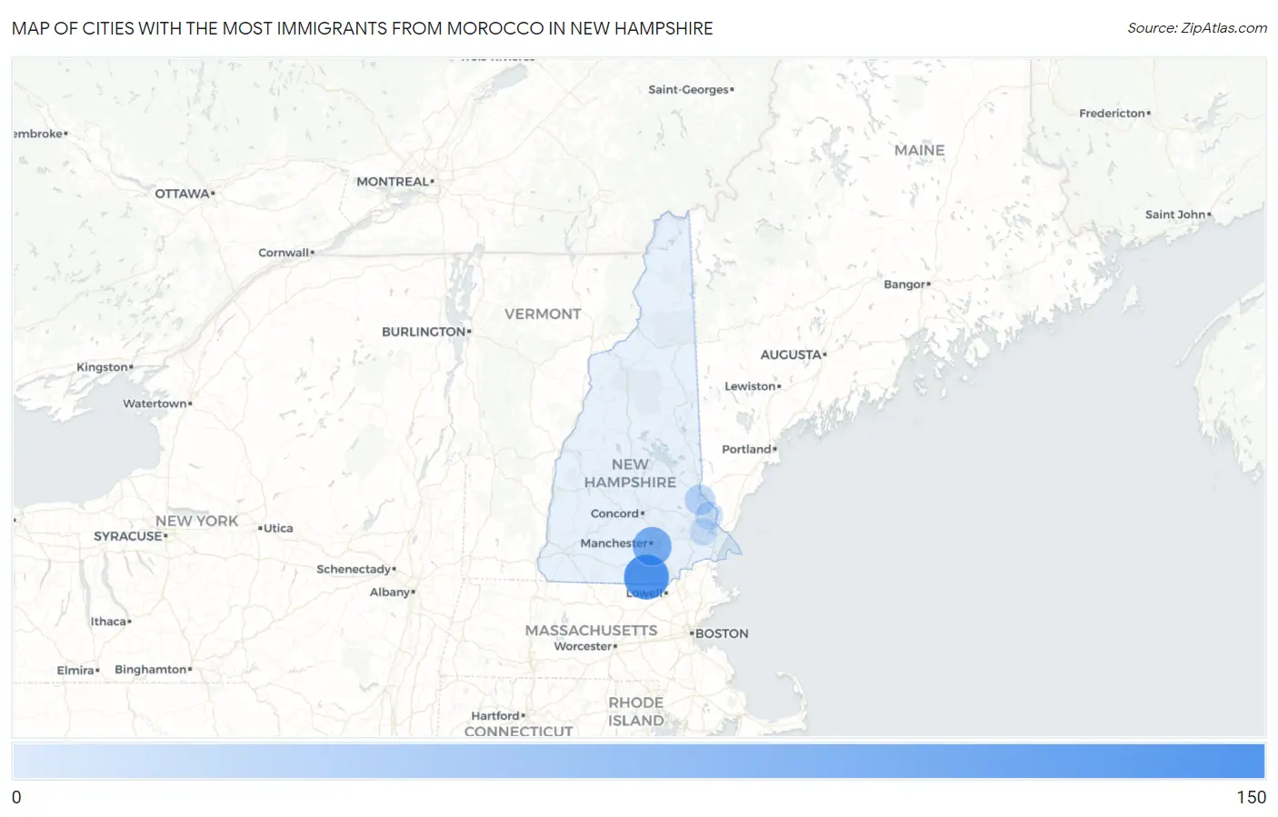 Cities with the Most Immigrants from Morocco in New Hampshire Map