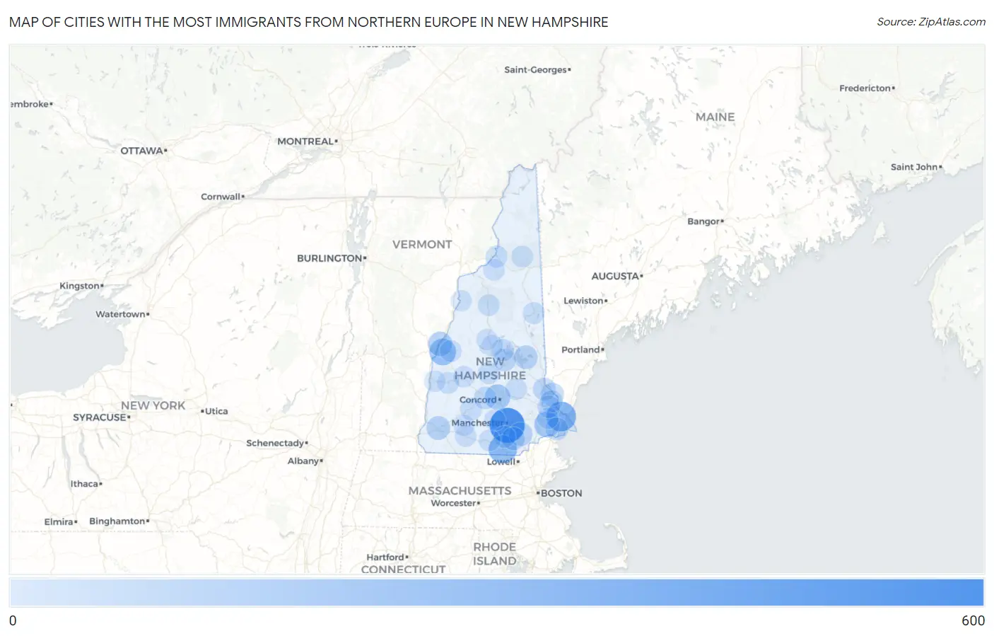 Cities with the Most Immigrants from Northern Europe in New Hampshire Map