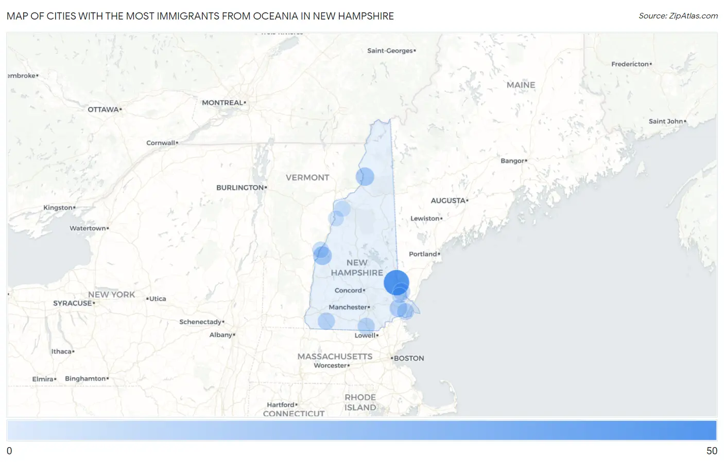Cities with the Most Immigrants from Oceania in New Hampshire Map