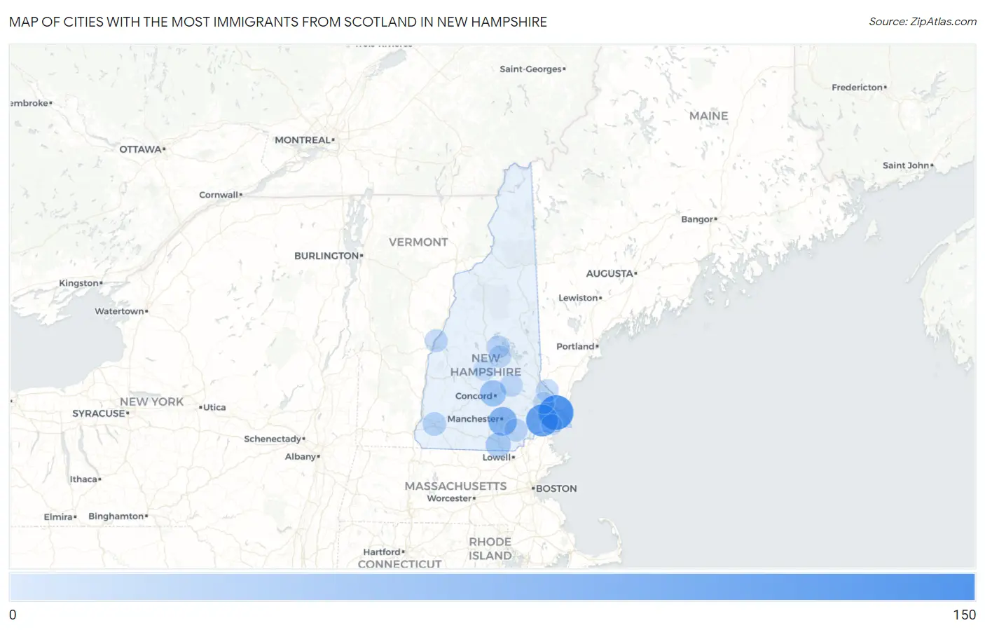 Cities with the Most Immigrants from Scotland in New Hampshire Map