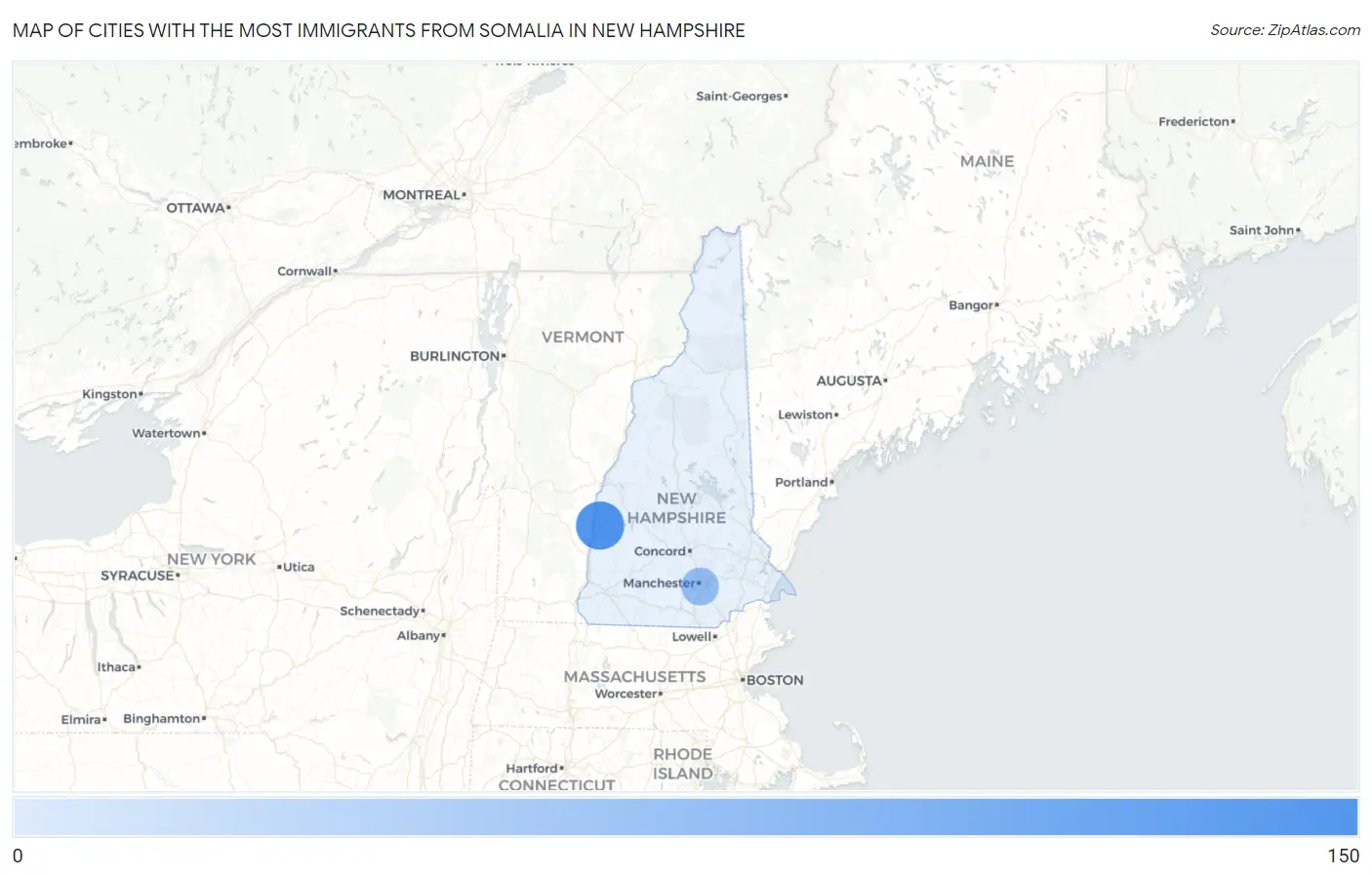 Cities with the Most Immigrants from Somalia in New Hampshire Map