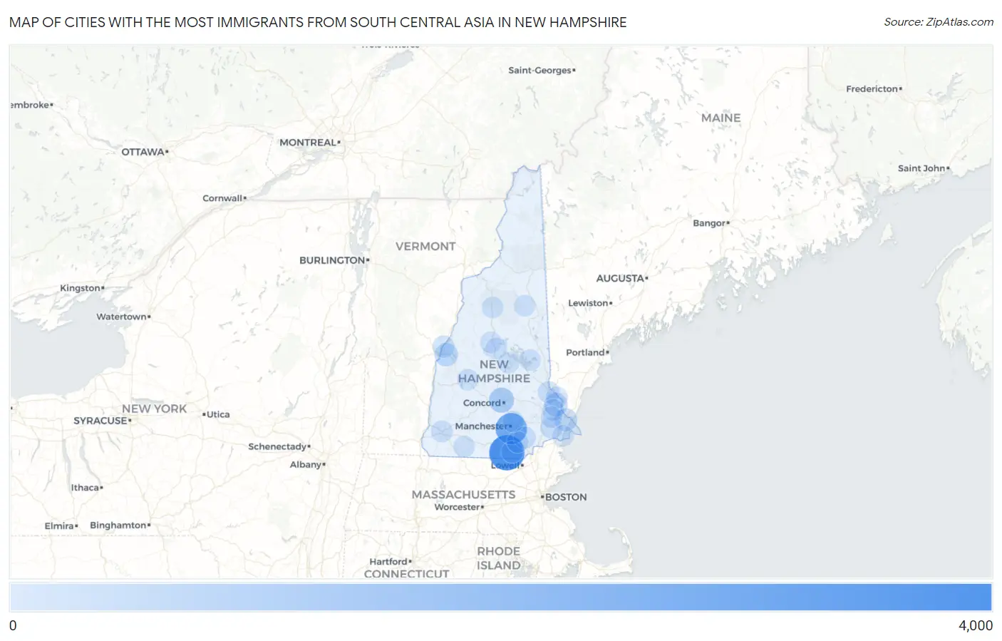 Cities with the Most Immigrants from South Central Asia in New Hampshire Map