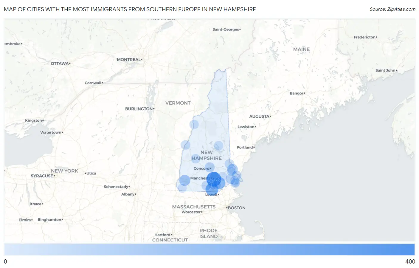 Cities with the Most Immigrants from Southern Europe in New Hampshire Map