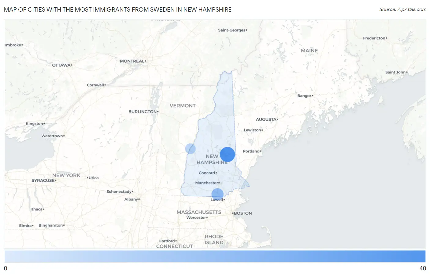 Cities with the Most Immigrants from Sweden in New Hampshire Map