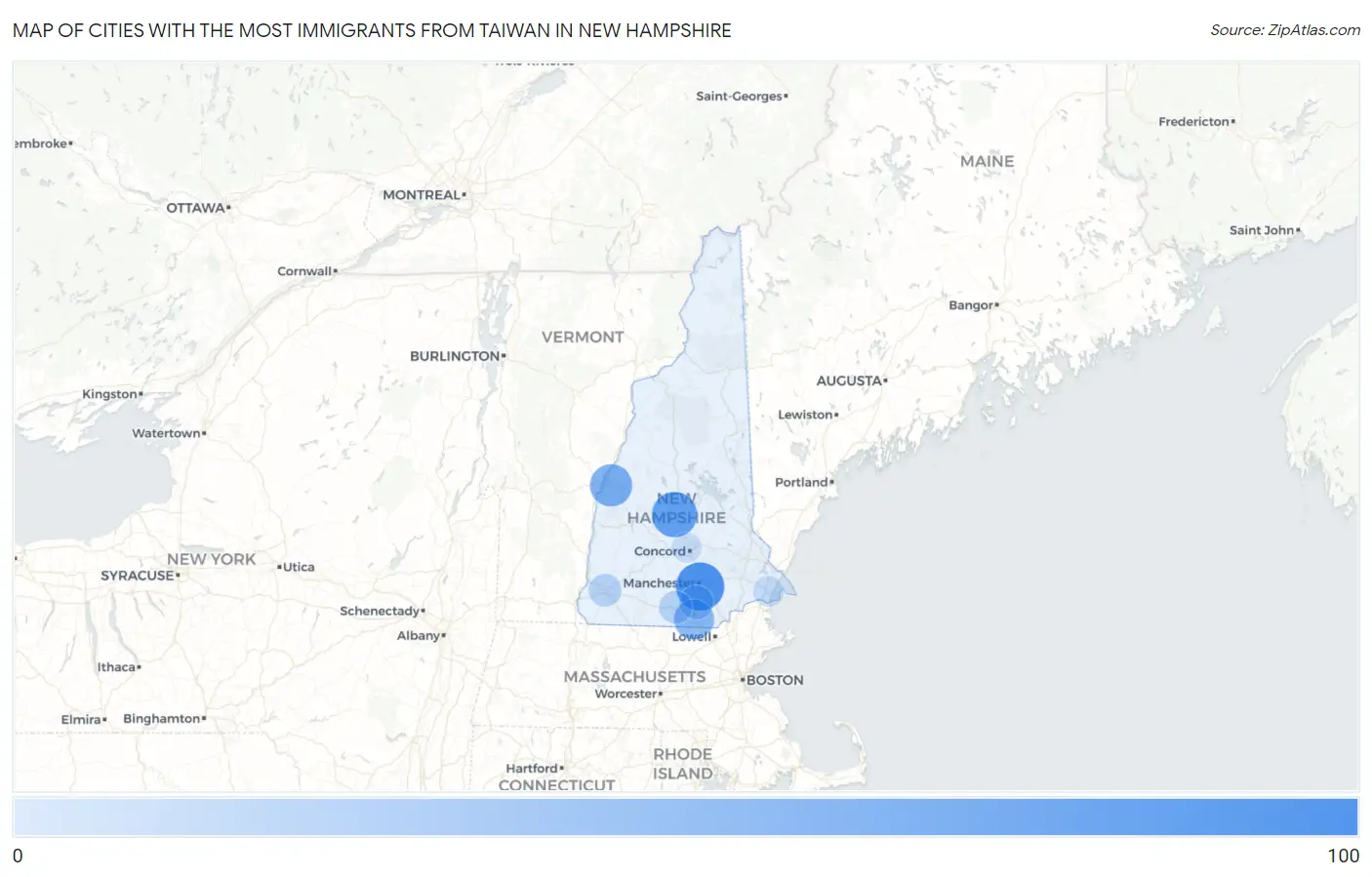 Cities with the Most Immigrants from Taiwan in New Hampshire Map