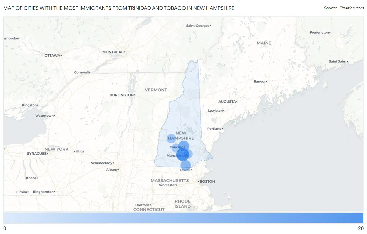 Cities with the Most Immigrants from Trinidad and Tobago in New Hampshire Map