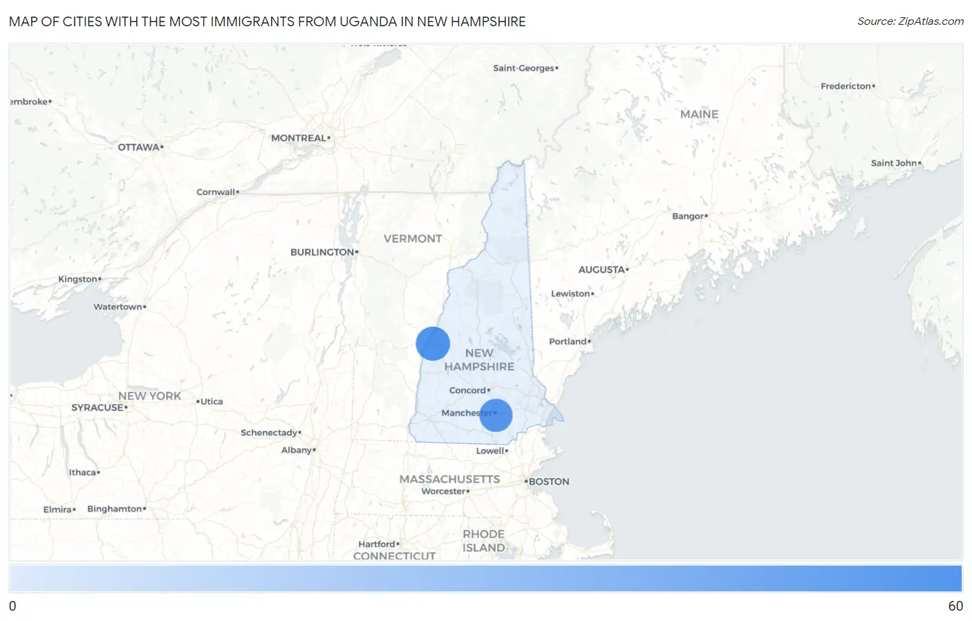Cities with the Most Immigrants from Uganda in New Hampshire Map