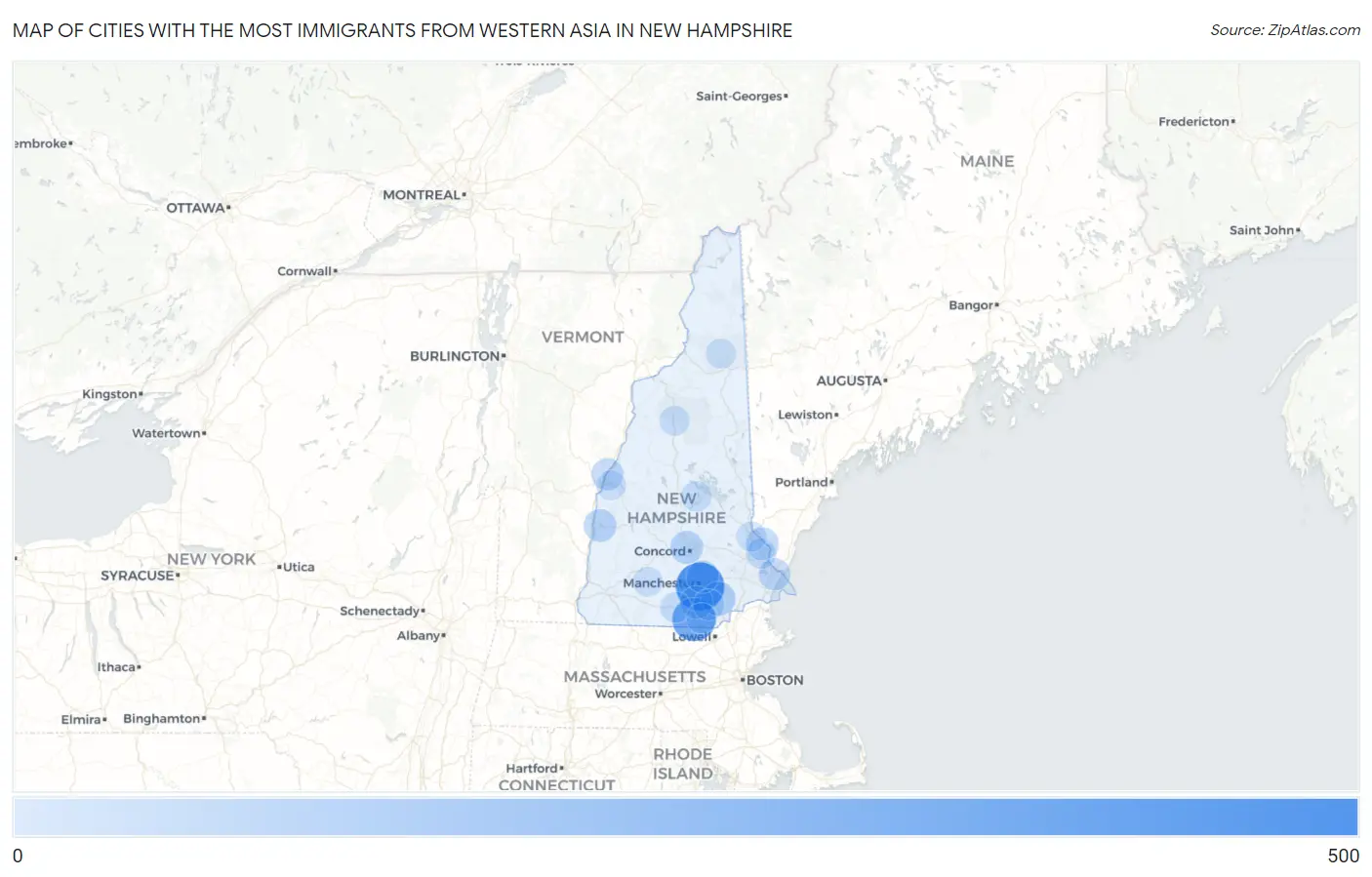 Cities with the Most Immigrants from Western Asia in New Hampshire Map