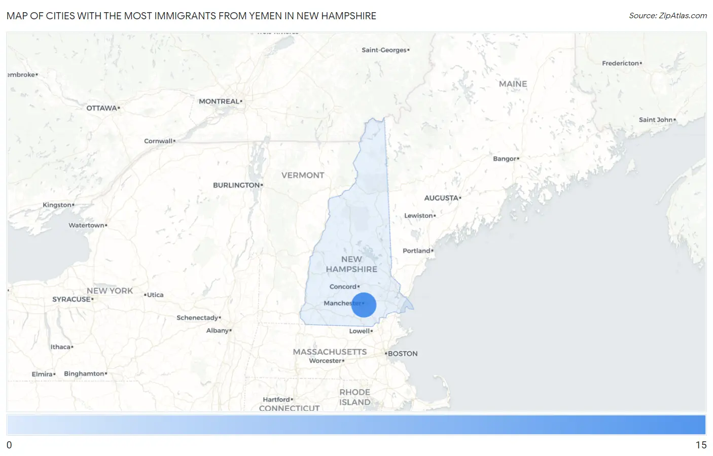 Cities with the Most Immigrants from Yemen in New Hampshire Map