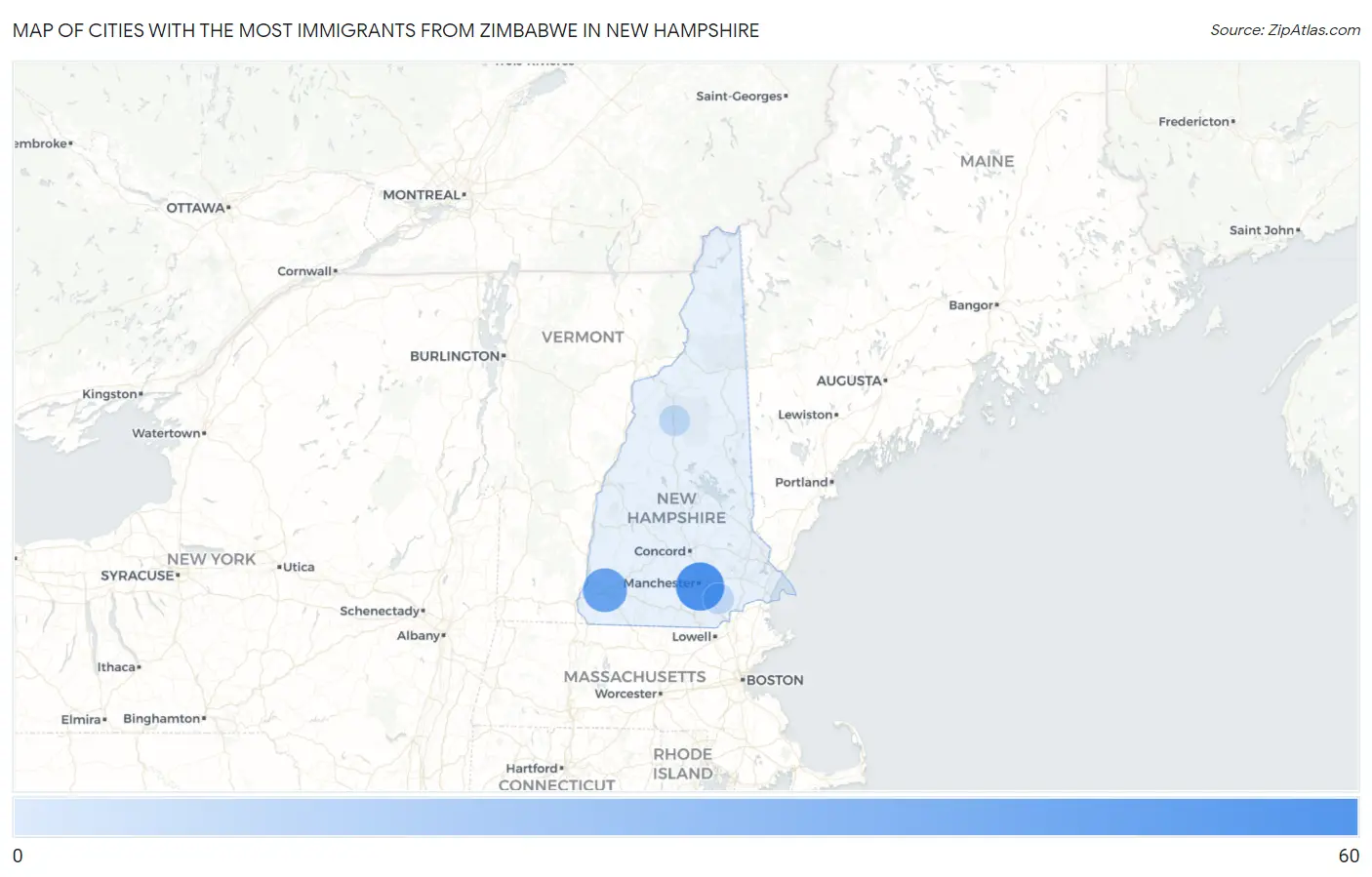 Cities with the Most Immigrants from Zimbabwe in New Hampshire Map