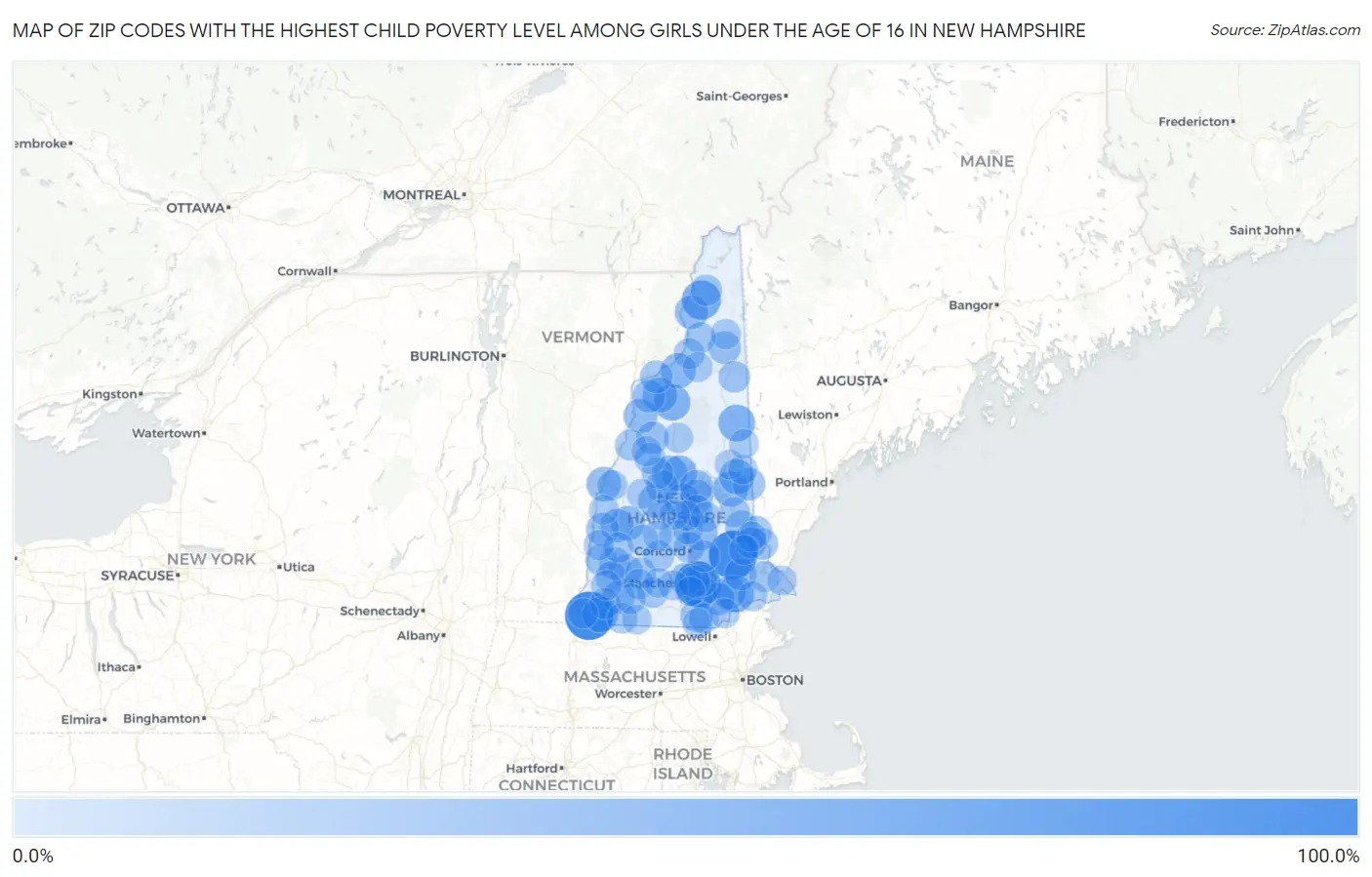 Zip Codes with the Highest Child Poverty Level Among Girls Under the Age of 16 in New Hampshire Map