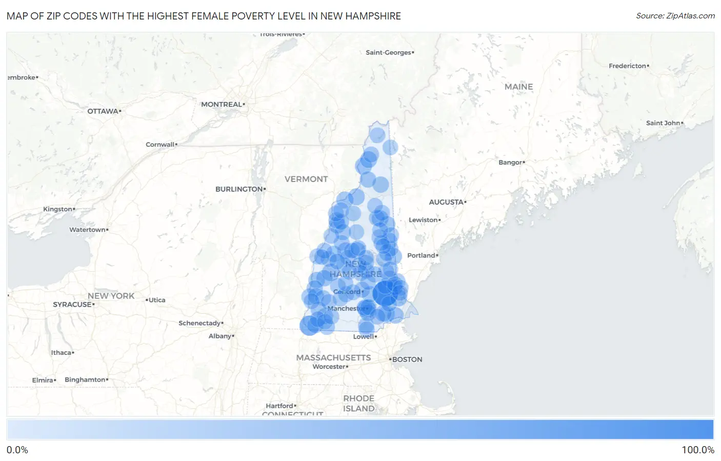 Zip Codes with the Highest Female Poverty Level in New Hampshire Map