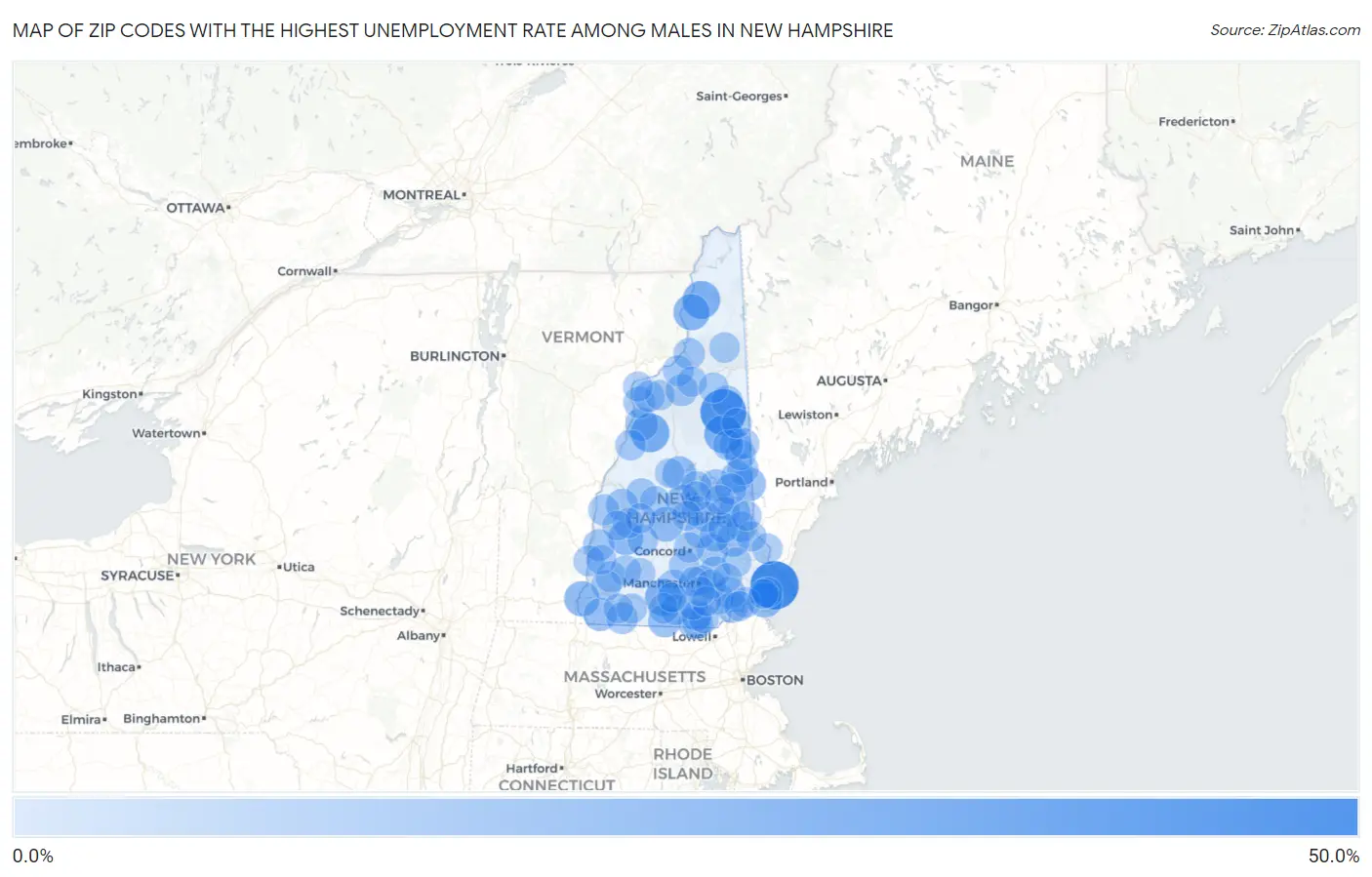 Zip Codes with the Highest Unemployment Rate Among Males in New Hampshire Map