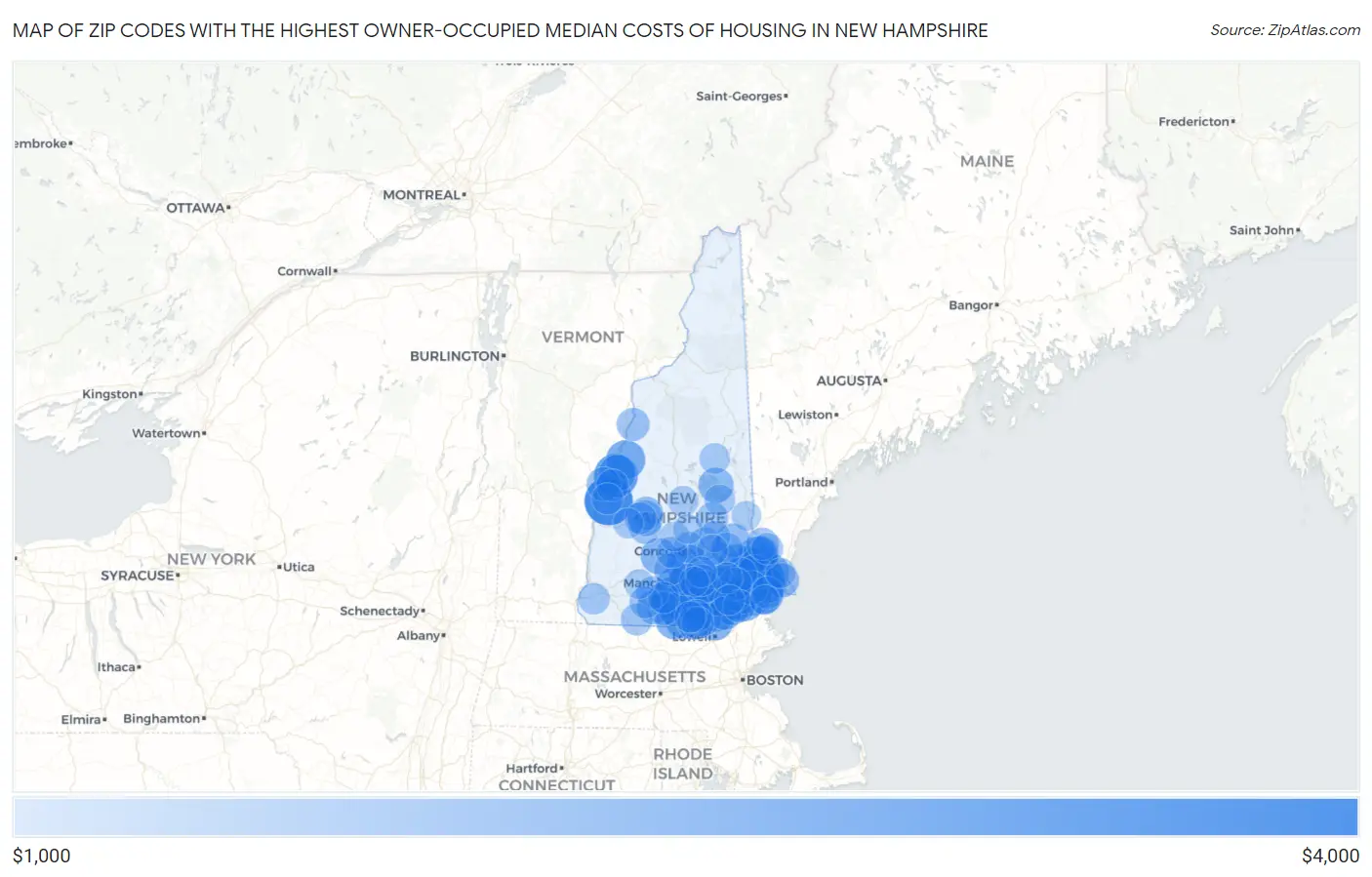 Zip Codes with the Highest Owner-Occupied Median Costs of Housing in New Hampshire Map