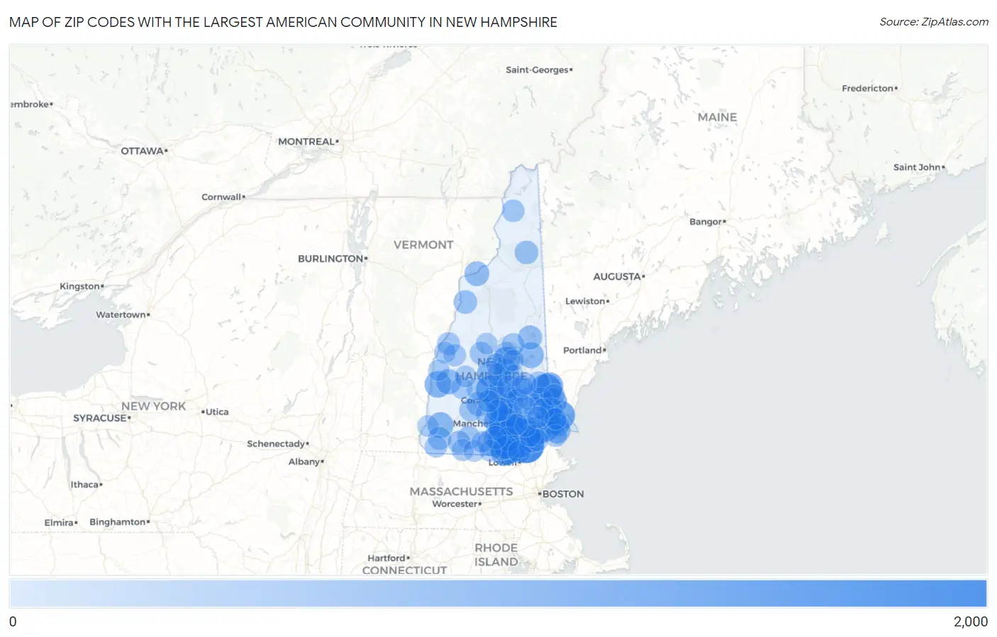 Zip Codes with the Largest American Community in New Hampshire Map