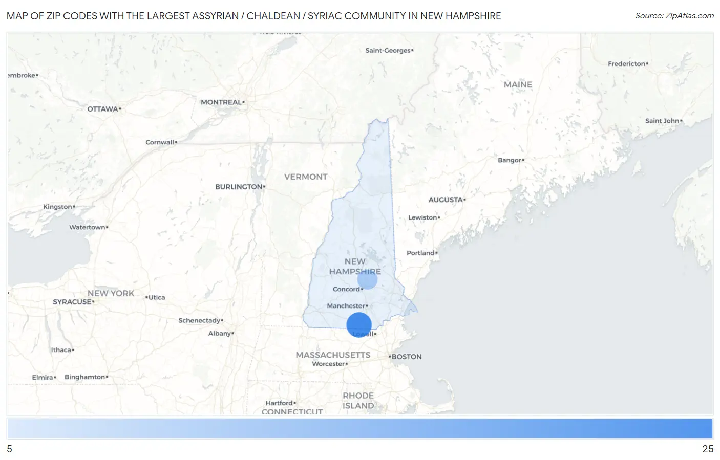 Zip Codes with the Largest Assyrian / Chaldean / Syriac Community in New Hampshire Map