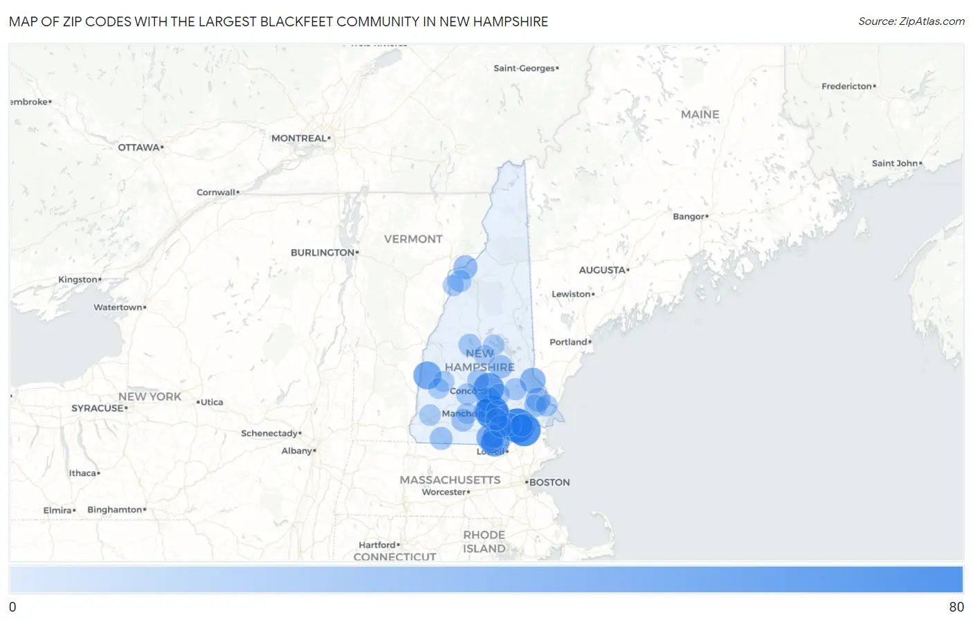 Zip Codes with the Largest Blackfeet Community in New Hampshire Map