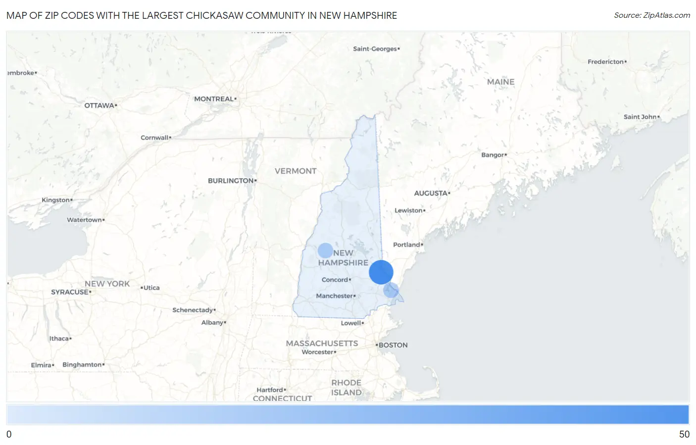 Zip Codes with the Largest Chickasaw Community in New Hampshire Map
