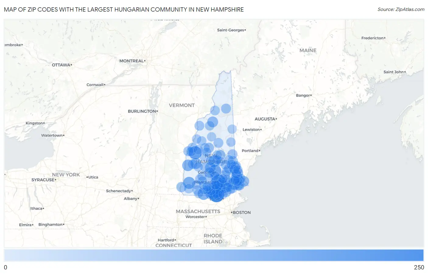 Zip Codes with the Largest Hungarian Community in New Hampshire Map