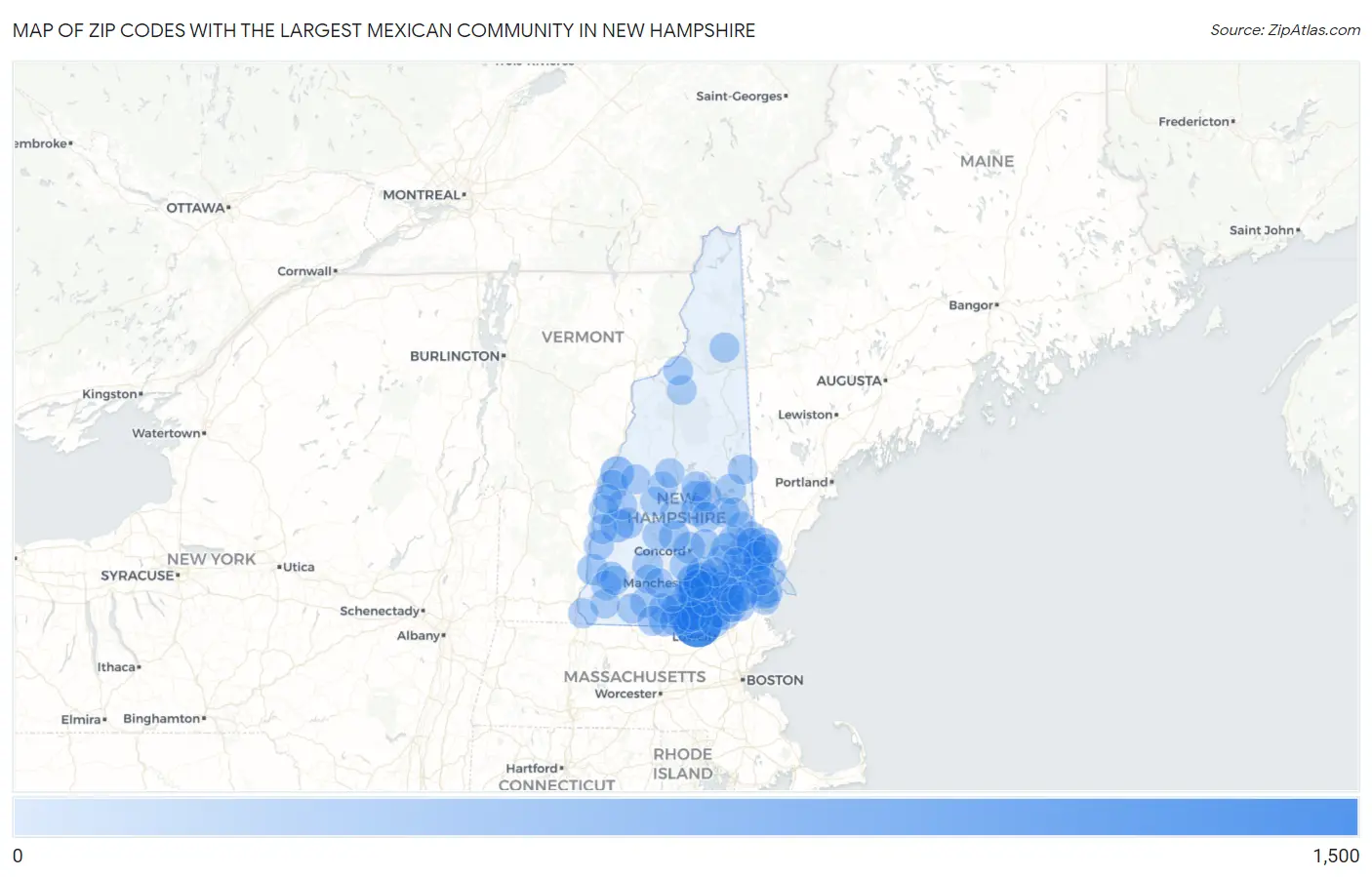 Zip Codes with the Largest Mexican Community in New Hampshire Map