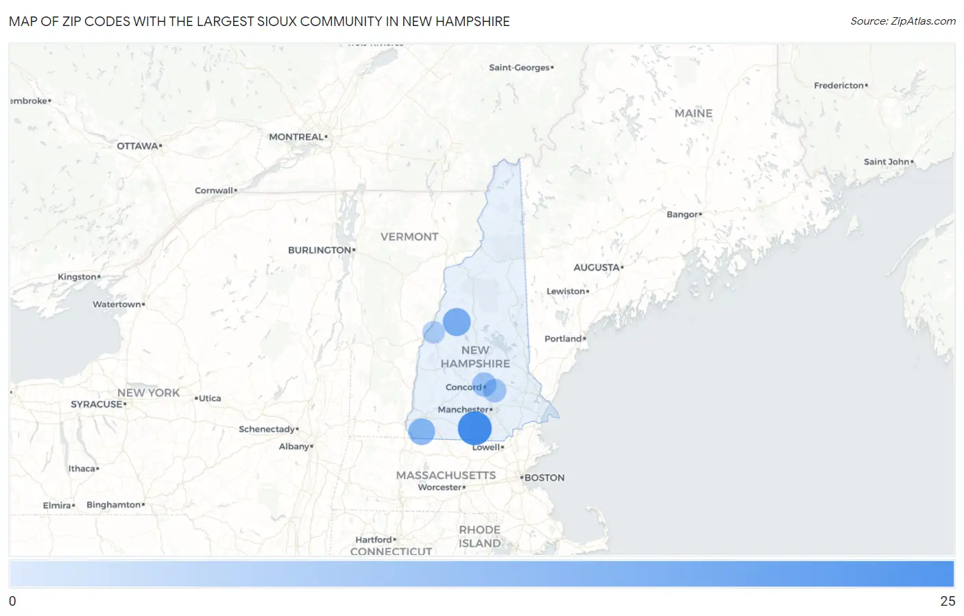 Zip Codes with the Largest Sioux Community in New Hampshire Map