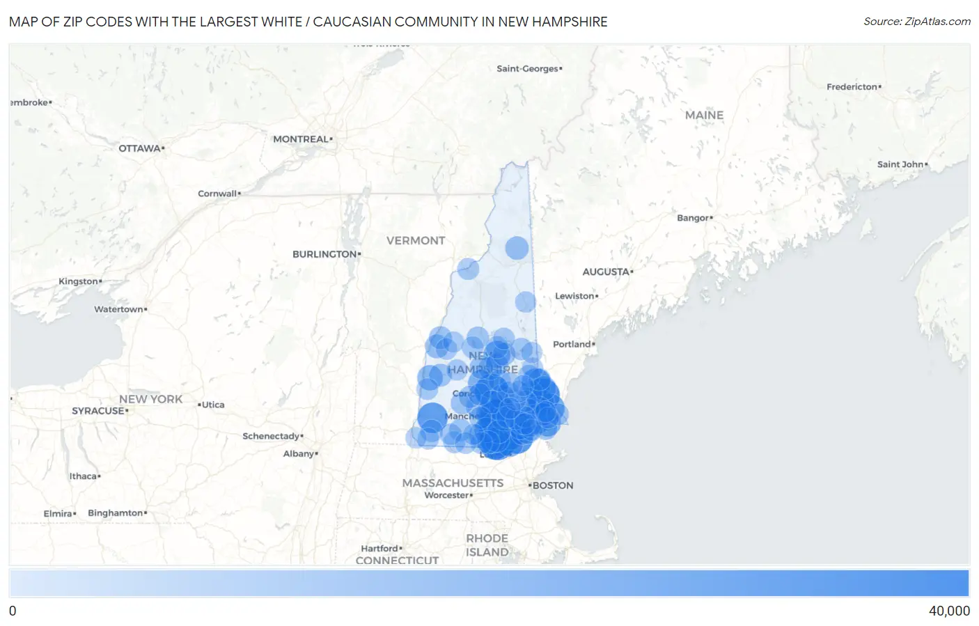 Zip Codes with the Largest White / Caucasian Community in New Hampshire Map