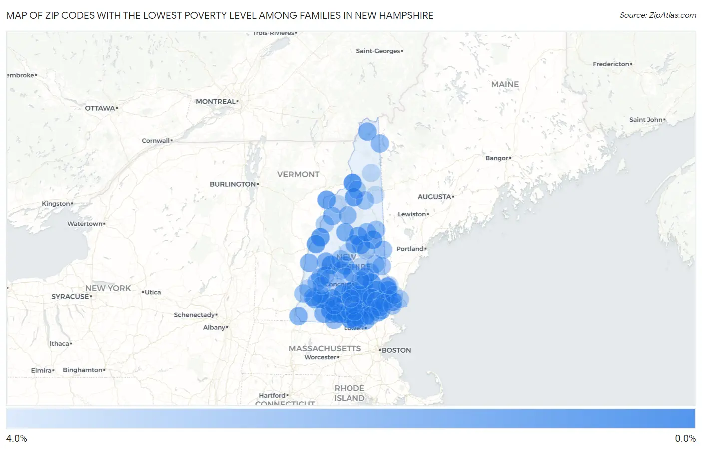 Zip Codes with the Lowest Poverty Level Among Families in New Hampshire Map