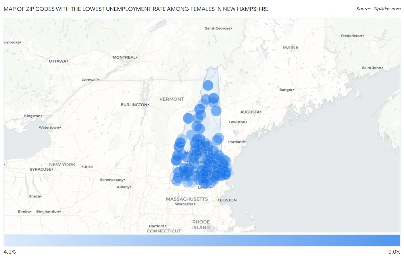Zip Codes with the Lowest Unemployment Rate Among Females in New Hampshire Map