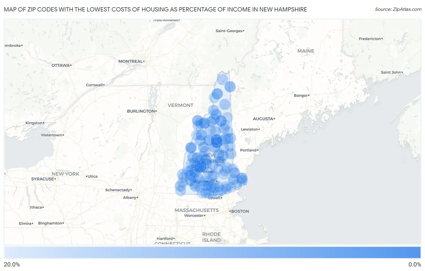 Zip Codes with the Lowest Costs of Housing as Percentage of Income in New Hampshire Map