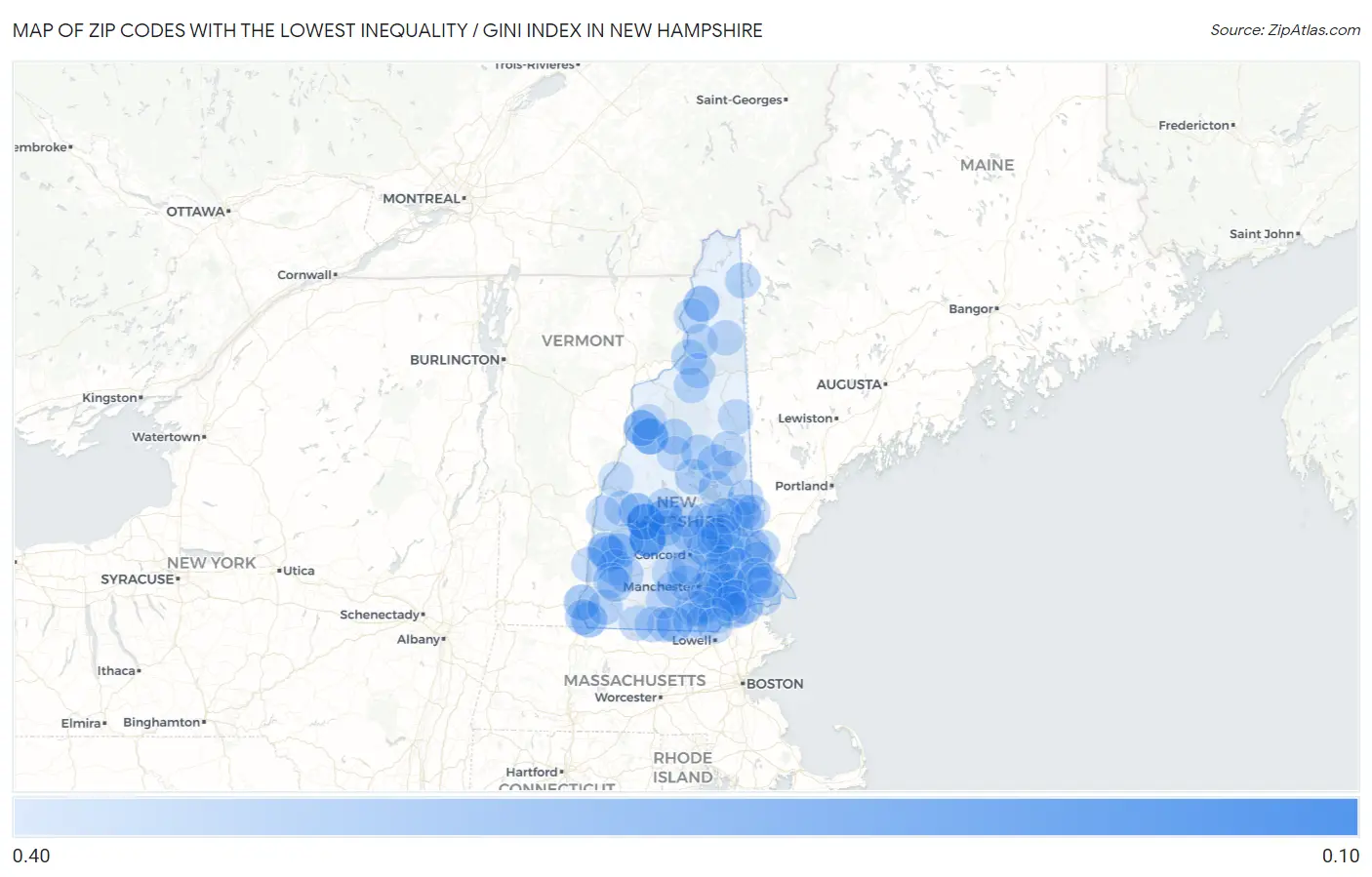 Zip Codes with the Lowest Inequality / Gini Index in New Hampshire Map